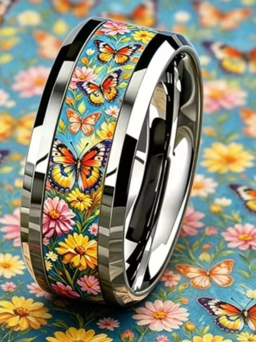 Butterfly Garden Floral Inlay Ring - Blue Multicolor
